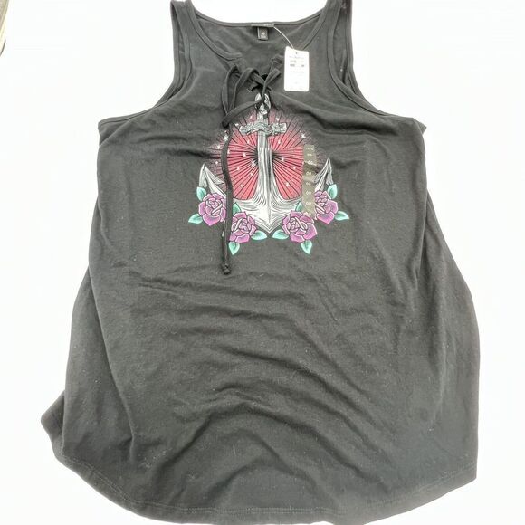 Torrid Black Anchor Lace Up Tank NWT Size 00 M/L - Picture 1 of 5